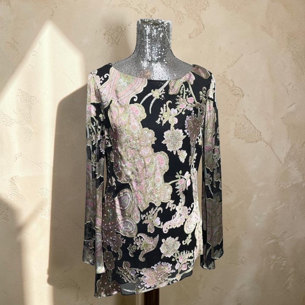 Boho Paisley Silk Beaded Tunic Top Sheer Bell Sleeve Asymmetrical Hem Large
